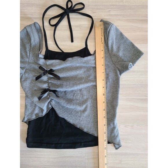 Shein Asymmetrical Cropped Top XS Gray Ribbed Knit Ruched Side Layered Look - Picture 4 of 5